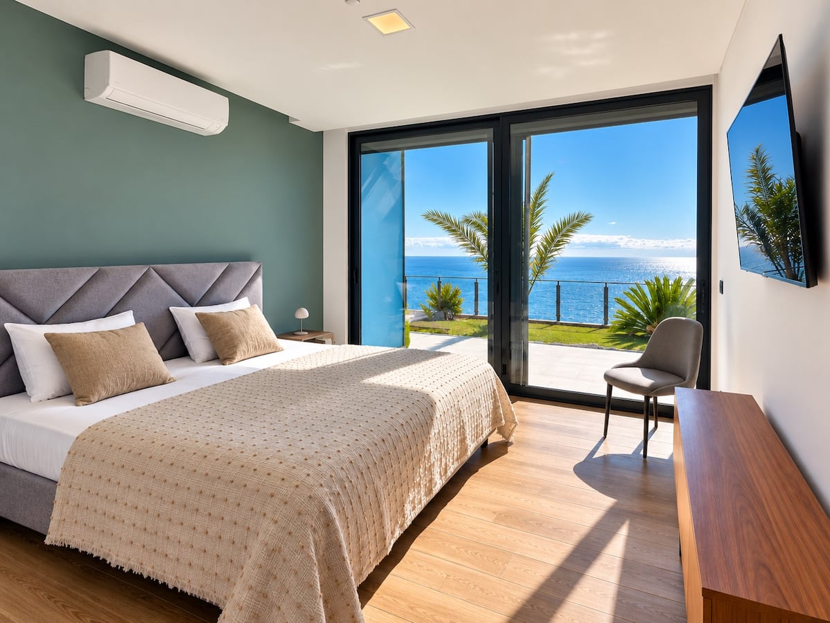 Quarto com cama king size e vista para o oceano